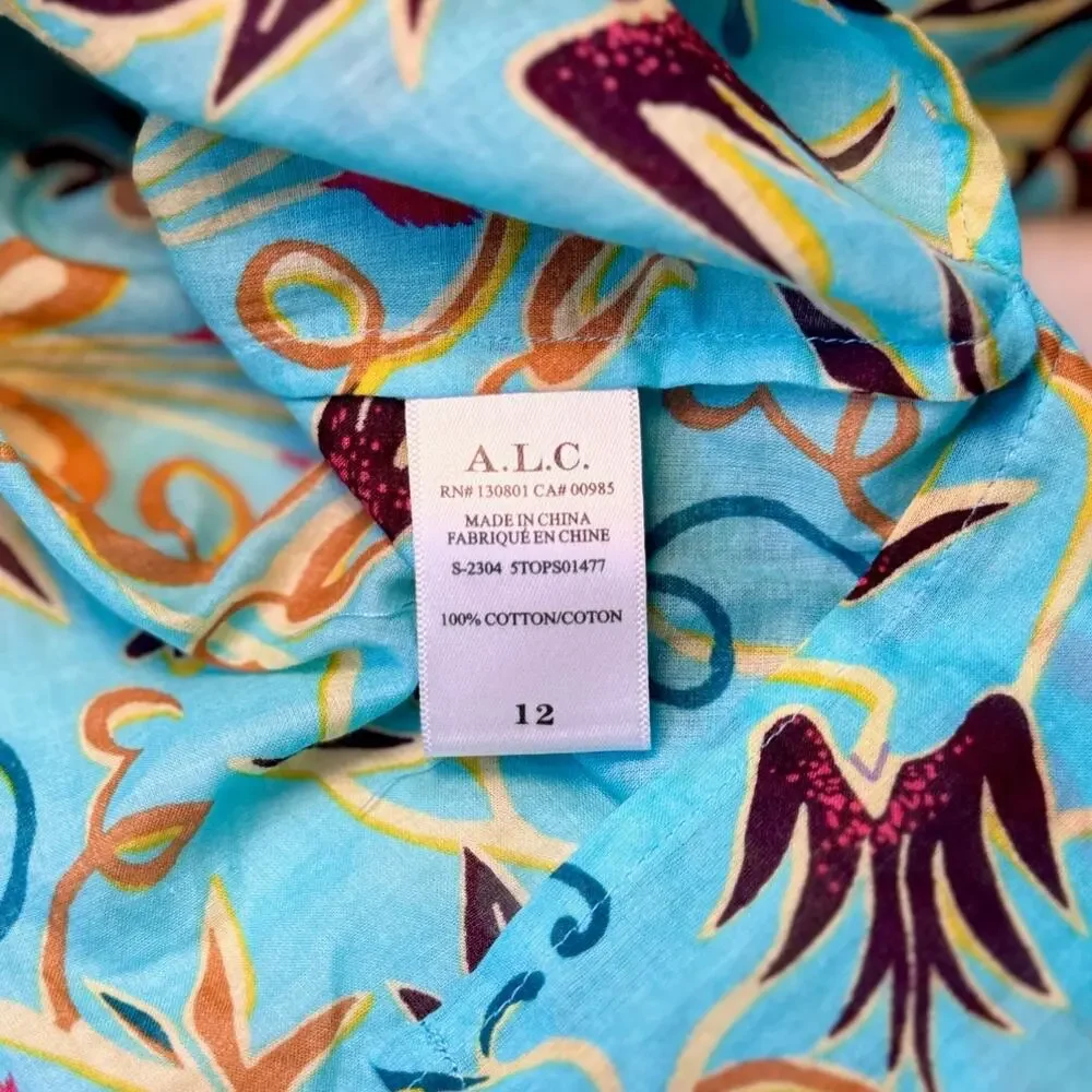 ALC Tropical Cotton Blouse Balloon Sleeve Turquoise 12 Resort Vacation Cruise - Picture 6 of 16
